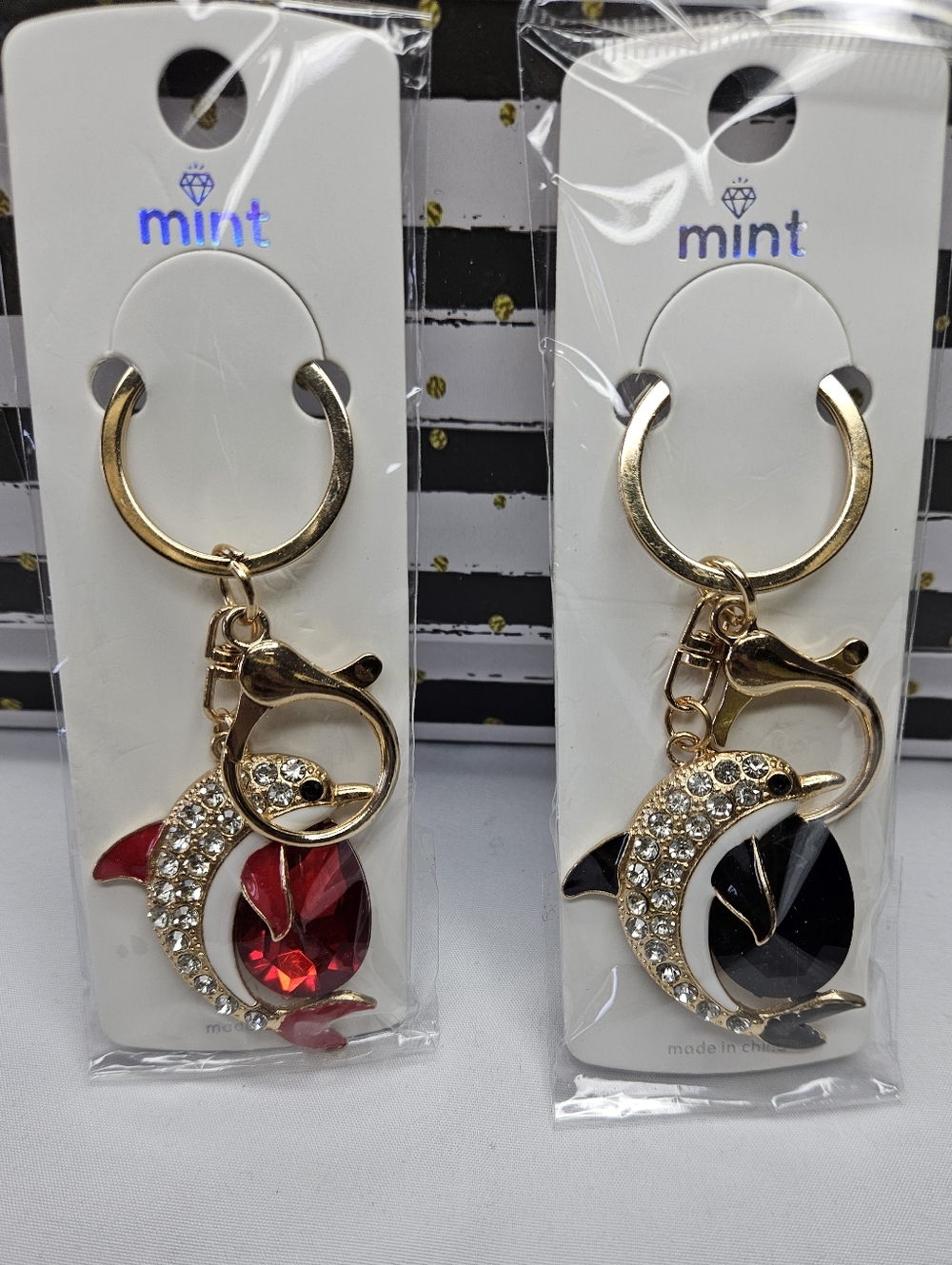 Mint Gold Dolphin Keychain with Red or Black Crystal Teardrop NEW - Pick 1